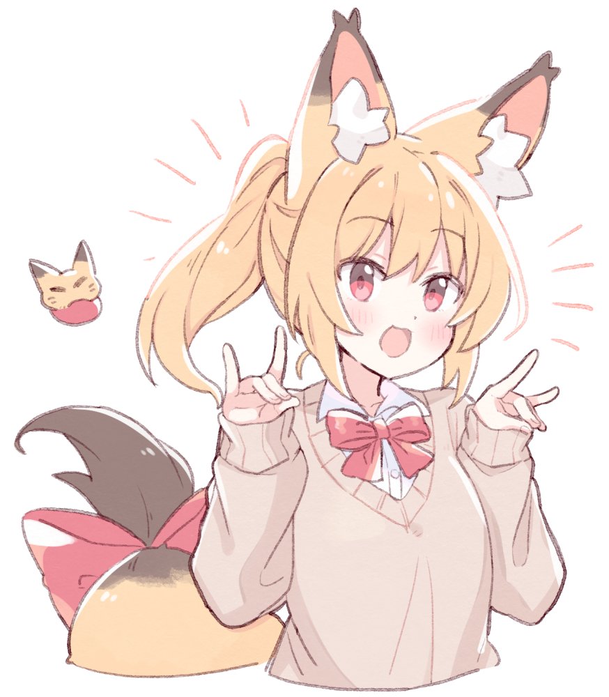 1girl, animal_ear_fluff, animal_ears, bow, bowtie, cropped_torso, double_fox_shadow_puppet, fox