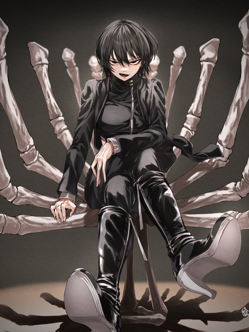 1girl, absurdres, black_eyes, black_hair, black_jacket, black_shirt, bone, breasts