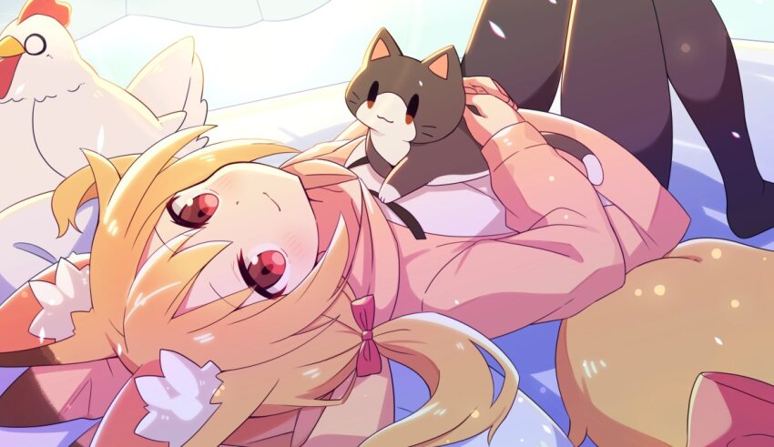 1girl, animal_ear_fluff, animal_ear_hood, animal_ears, bird, black_pantyhose, blonde_hair, bow