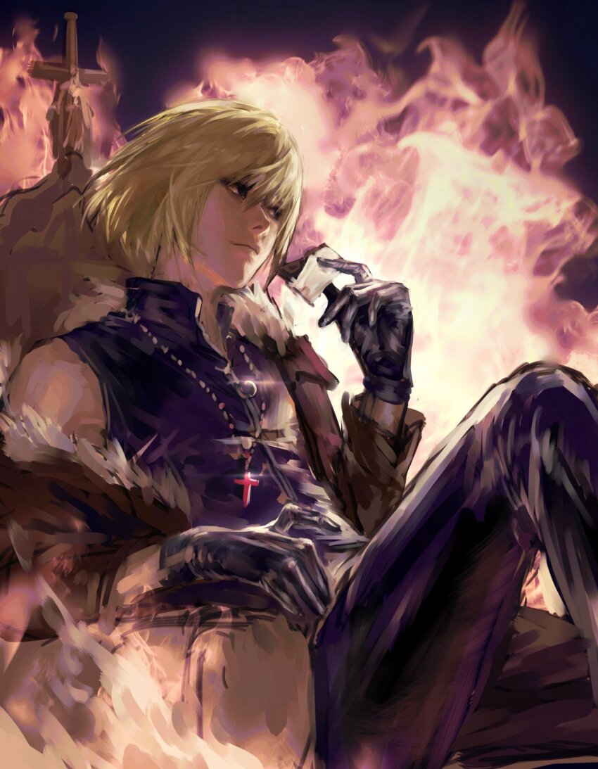1boy, arm_rest, arm_up, asymmetrical_sleeves, black_gloves, black_pants, black_shirt, blonde_hair