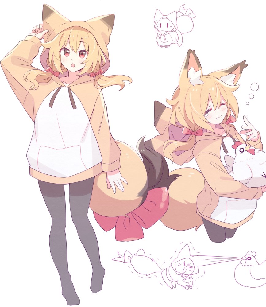 1girl, animal, animal_ear_fluff, animal_ear_hood, animal_ears, bird, black_thighhighs, blonde_hair, bow, chicken, closed_eyes, double-parted_bangs, fake_animal_ears, fox, fox_ears, fox_girl, fox_tail, hair_between_eyes, hair_bow, holding, holding_animal, hood, hoodie, long_hair, low_twintails, multiple_views, no_shoes, original, red_bow, red_eyes, simple_background, sleepy, suzuno_(suzuno3110), tail, tail_bow, tail_ornament, thighhighs, twintails, wavy_mouth, white_background, yellow_hoodie