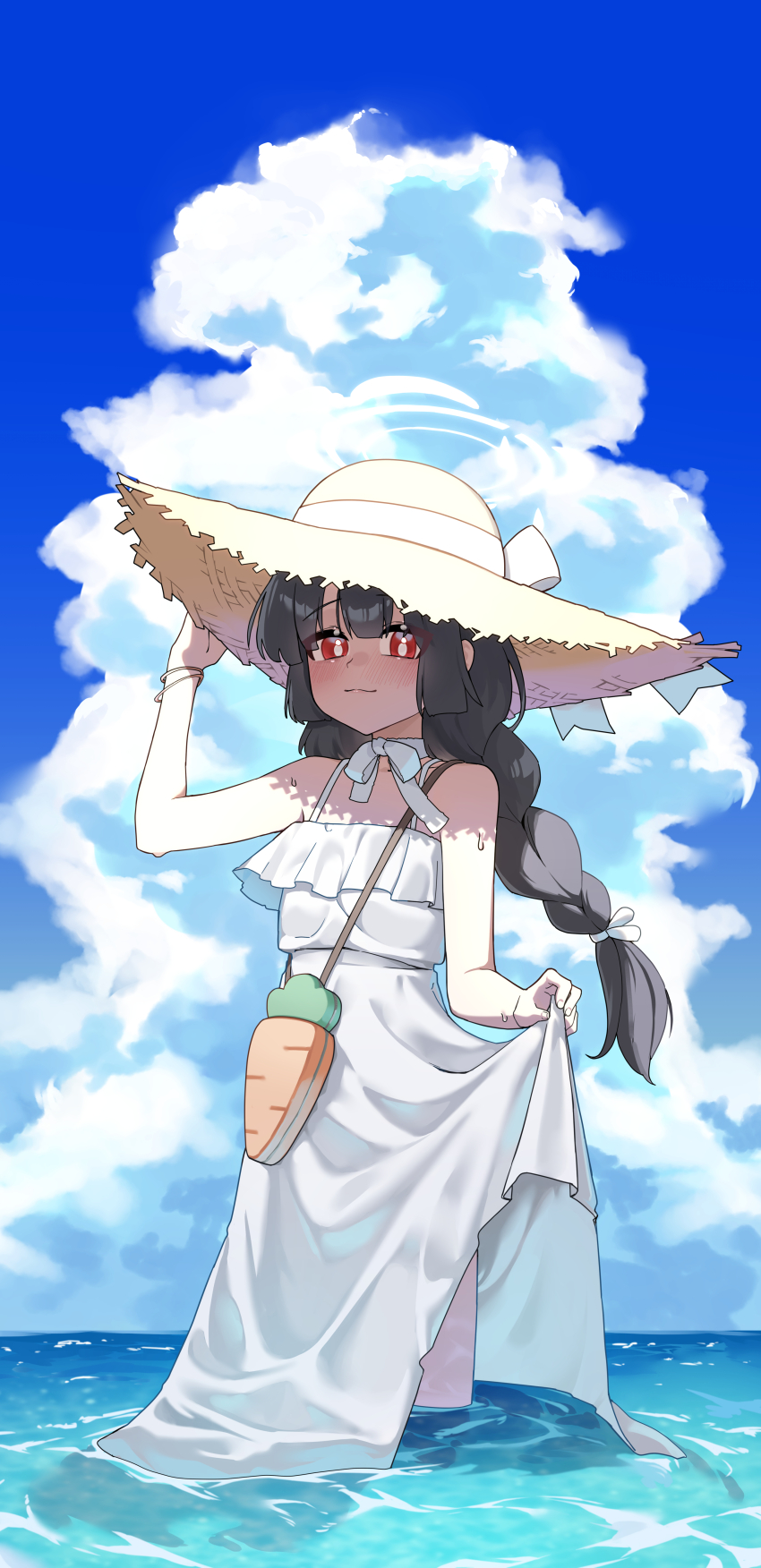 1girl, absurdres, black_hair, blue_archive, blue_sky, bracelet, braid, carrot_bag