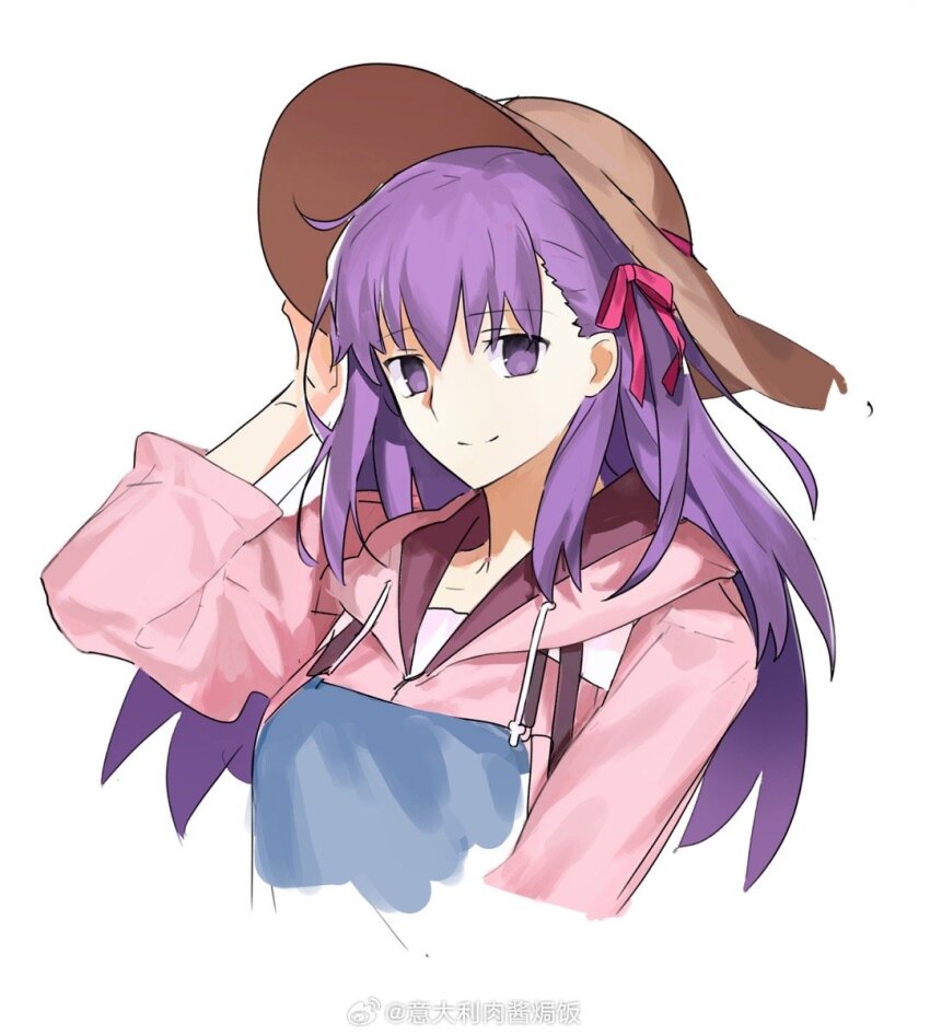 1girl, apron, arm_at_side, asymmetrical_bangs, blue_apron, brown_hat, closed_mouth, cropped_torso
