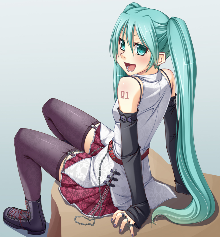 1girl, aqua_eyes, aqua_hair, arm_support, belt, chain, detached_sleeves, female_focus, garter_straps, hatsune_miku, kakitsubata, kakitsubata_(ashi_ga_chi_ni_tsukanai), long_hair, nail_polish, open_mouth, sitting, skirt, solo, thighhighs, twintails, very_long_hair, vocaloid