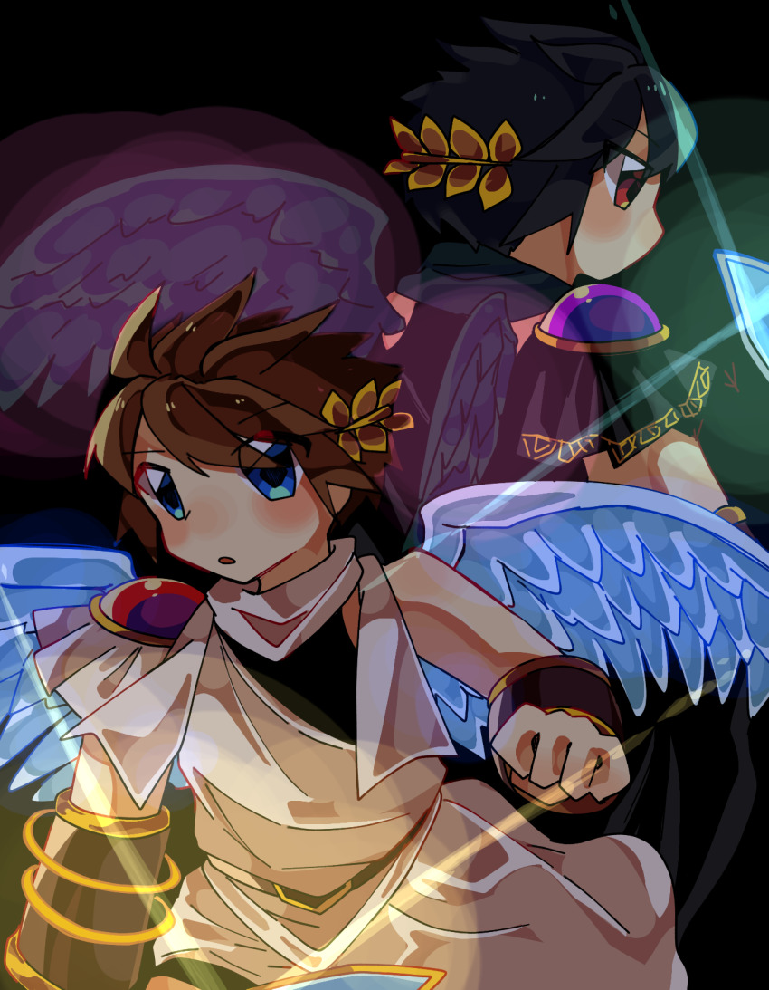 2boys, :o, ancient_greek_clothes, belt, black_hair, blue_eyes, blue_wings, bracer