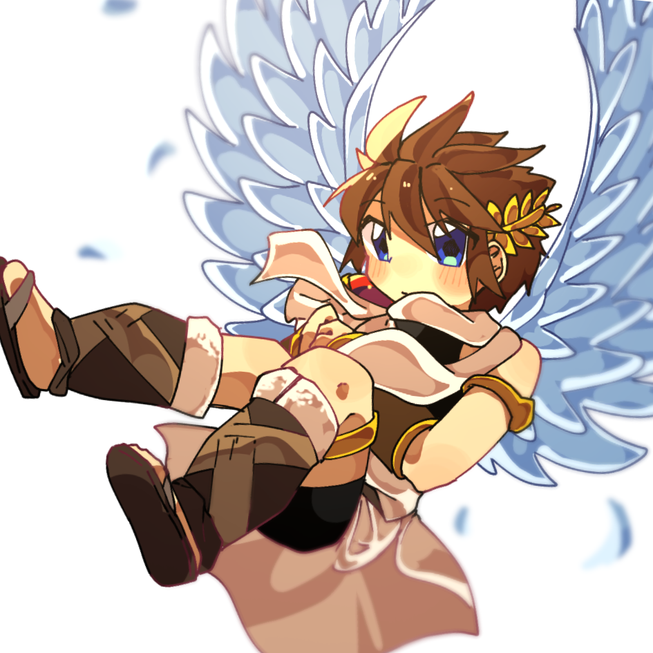 1boy, angel, angel_wings, armlet, bike_shorts, bike_shorts_under_skirt, blue_eyes, blush_stickers