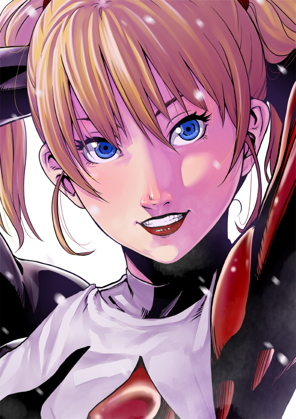 1girl, adjusting_hair, animification, arms_up, bad_id, bad_pixiv_id, batman_(series), blonde_hair, blue_eyes, bodysuit, dc_comics, female_focus, grin, harley_quinn, himegami_shino, lipstick, long_hair, makeup, raykon, simple_background, smile, solo, twintails, upper_body