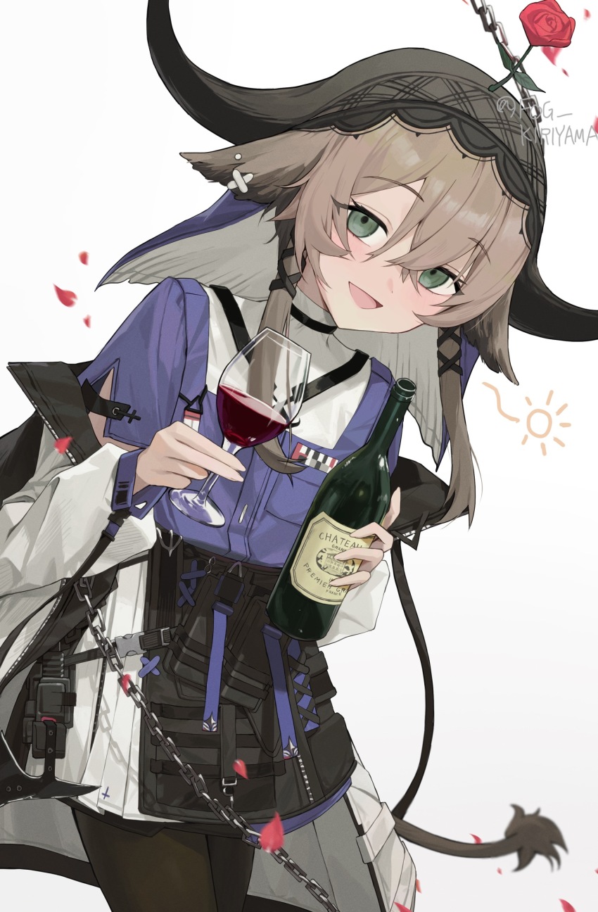 1girl, :d, alcohol, animal_ears, arknights, black_pantyhose, bottle, brown_hair