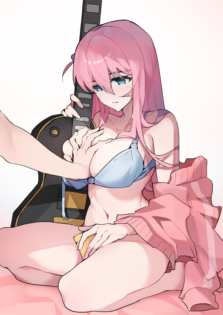 1boy, 1girl, absurdres, armpits, bocchi_the_rock!, breasts, cleavage, deep_skin, disembodied_hand, expressionless, from_side, full_body, gotoh_hitori, grabbing_another's_breast, groping, guitar, hair_between_eyes, highres, holding, holding_guitar, holding_instrument, instrument, large_breasts, long_hair, looking_down, navel, open_mouth, pink_track_suit, sanzashizu, sideboob, simple_background, sitting, stomach, track_suit, underwear, underwear_only, very_long_hair, white_background