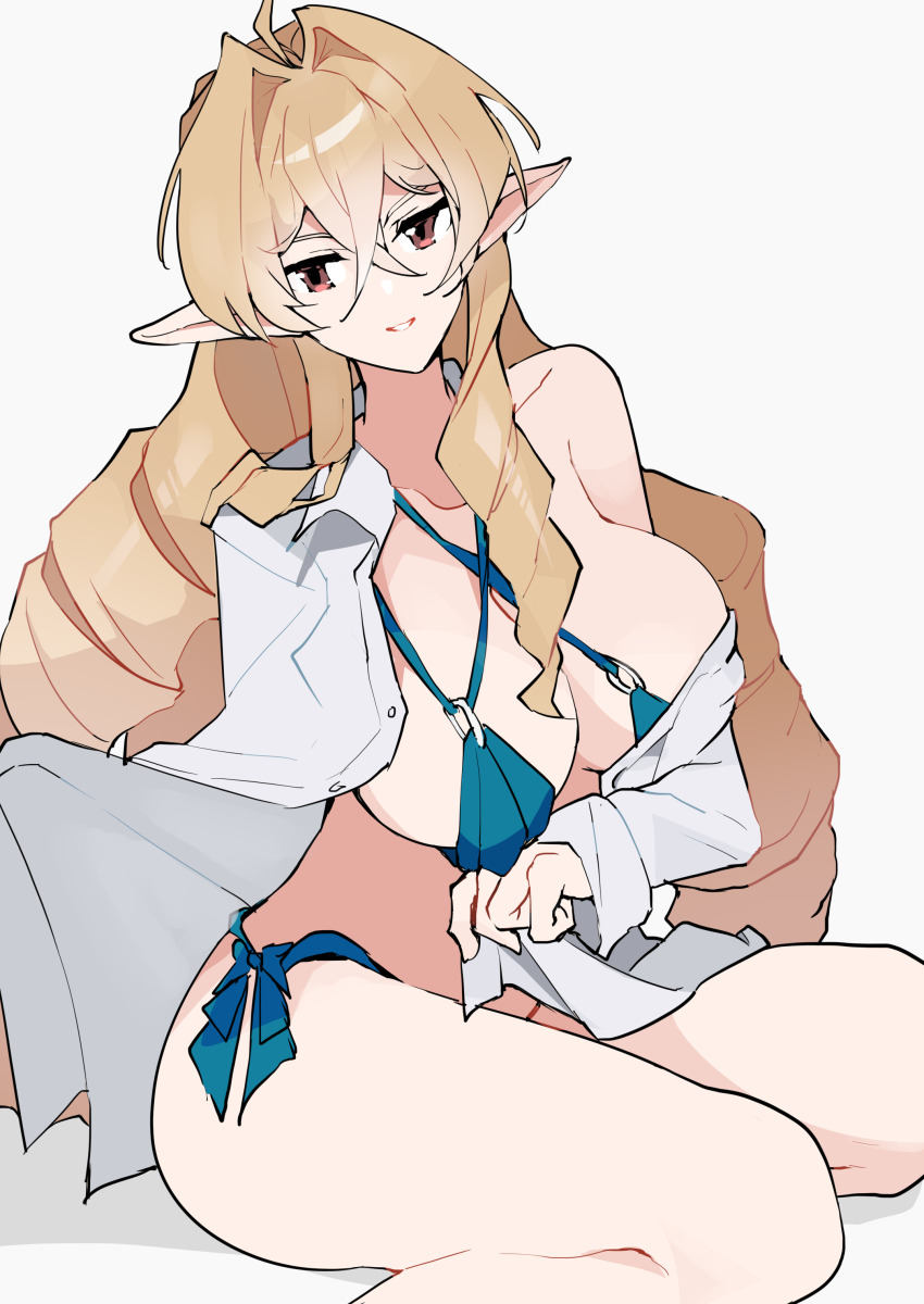 1girl, absurdres, bikini, blonde_hair, blue_bikini, breasts, cleavage, drill_hair