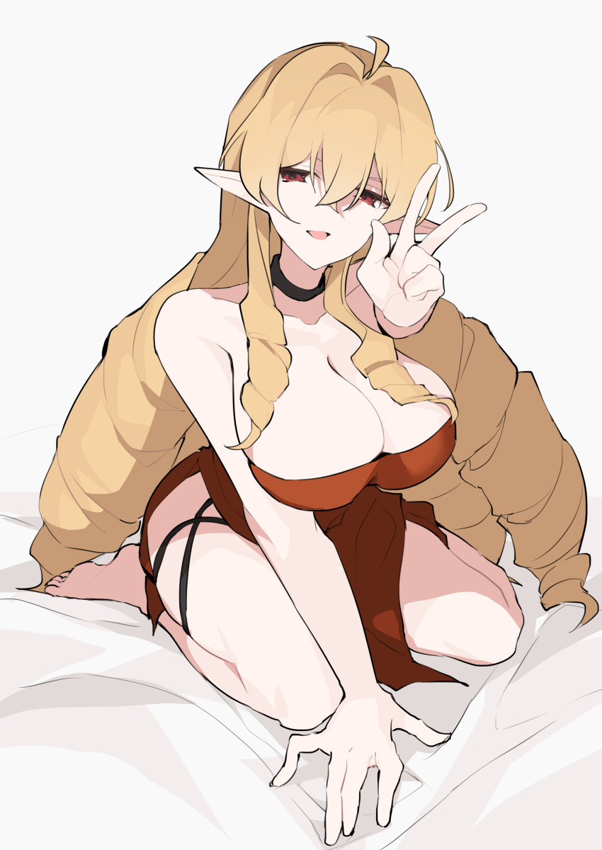 1girl, absurdres, barefoot, black_choker, blonde_hair, breasts, choker, cleavage