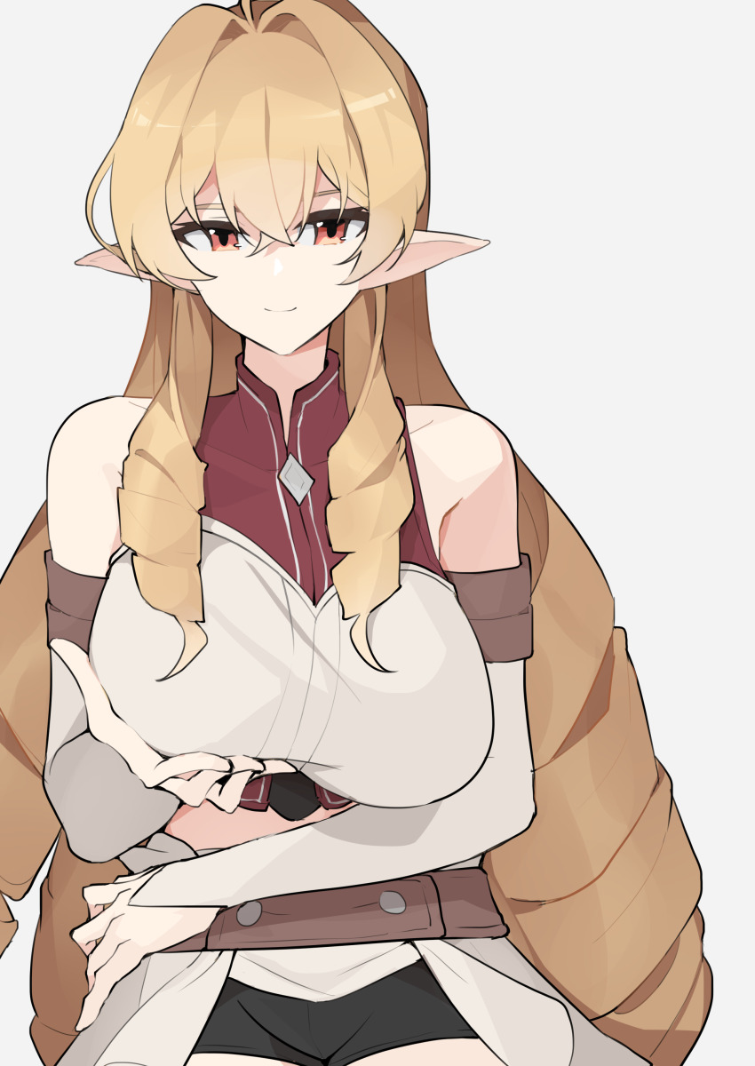 1girl, absurdres, belt, black_shorts, blonde_hair, breasts, closed_mouth, detached_sleeves, drill_hair, elf, elinalise_dragonroad, eyebrows_hidden_by_hair, groin, hair_between_eyes, hand_on_own_hip, highres, large_breasts, long_hair, looking_at_viewer, mushoku_tensei, outstretched_hand, pointy_ears, red_eyes, sanzashizu, shirt, shorts, simple_background, smile, solo, very_long_hair, white_background, white_shirt