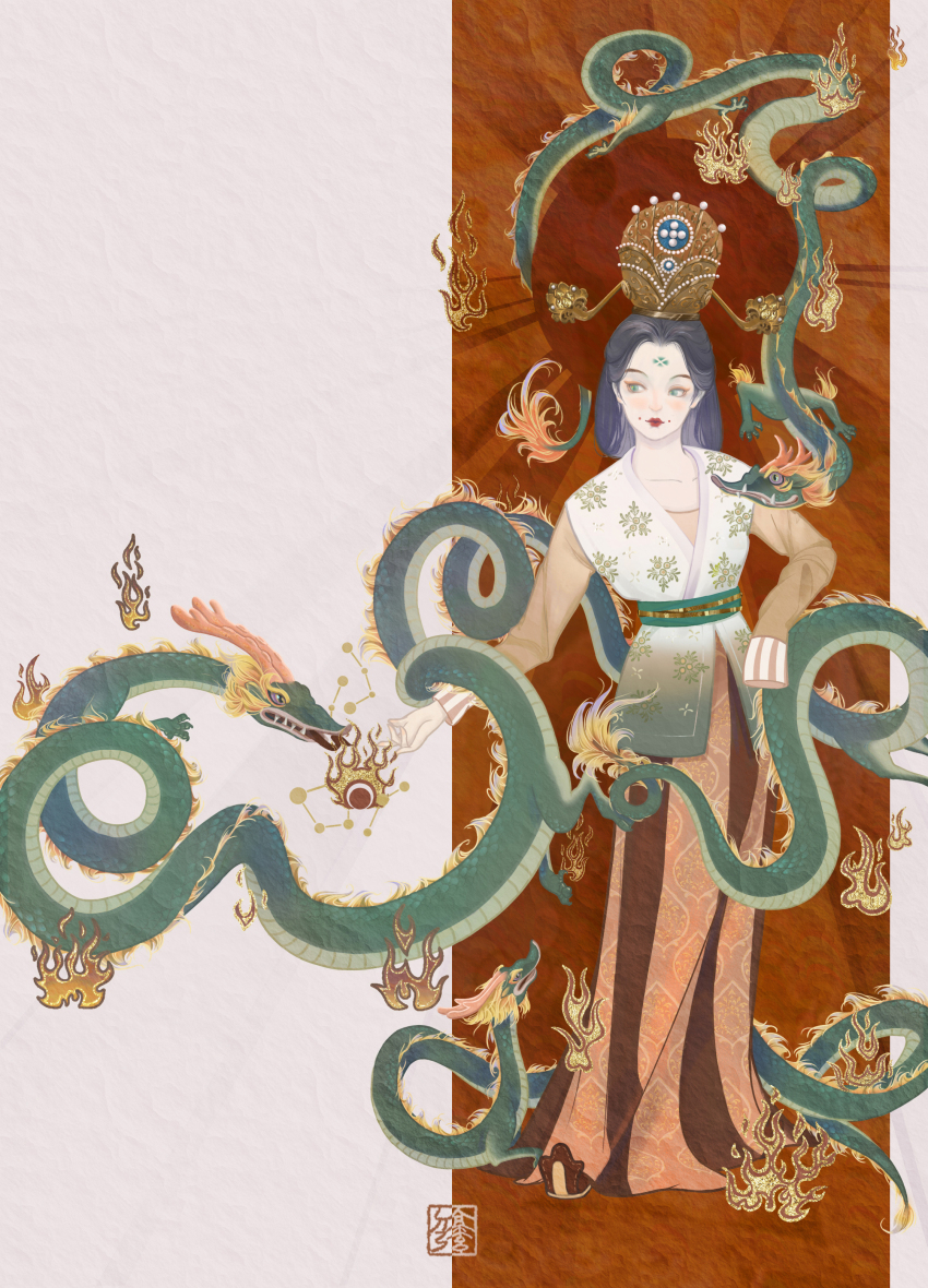 1girl, absurdres, banbi, chinese_clothes, crown, dragon, eastern_dragon, facial_mark