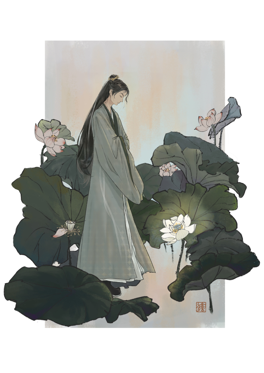 1boy, absurdres, black_hair, chinese_clothes, daxiushan, flower, full_body, green_hanfu