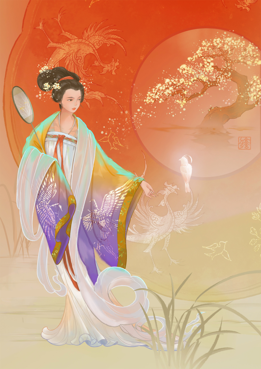 1girl, bird, black_eyes, black_hair, chinese_clothes, daxiushan, east_asian, full_body