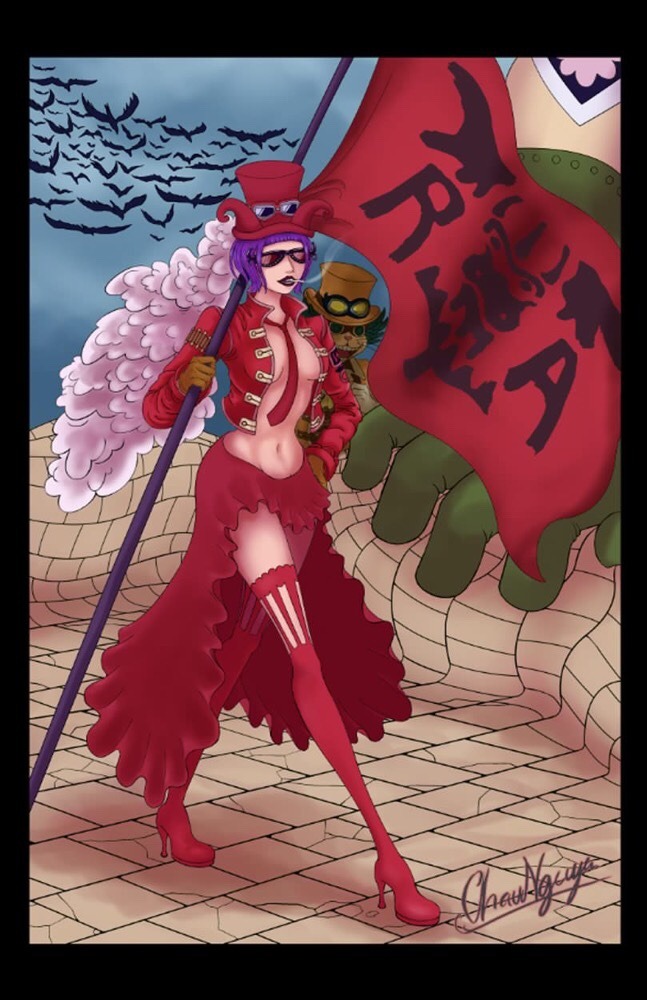 1girl, belo_betty, bird, black_border, boots, border, chaunguyenj, cigarette