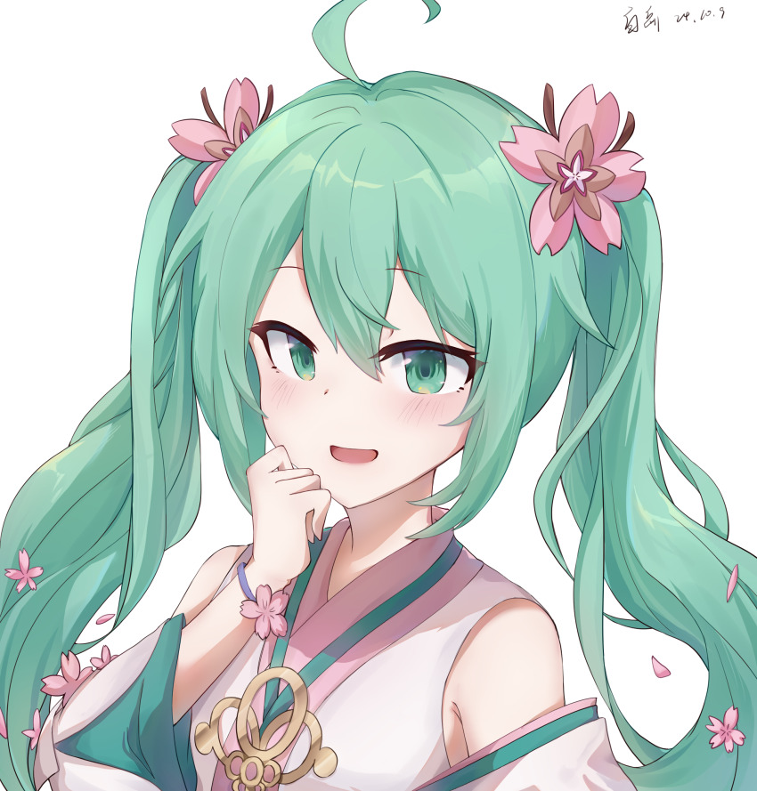 1girl, ahoge, bare_shoulders, blush, cherry_blossoms, chinese_commentary, commentary, flower, green_eyes, green_hair, hair_between_eyes, hair_flower, hair_ornament, hand_on_own_face, hatsune_miku, highres, japanese_clothes, liangzi_baiyue_(skai), long_hair, long_sleeves, looking_at_viewer, mixed-language_commentary, open_mouth, petals, simple_background, smile, solo, twintails, upper_body, vocaloid, white_background, white_flower