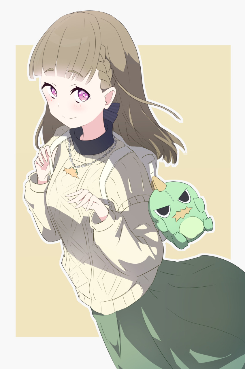 1girl, blush, border, braid, brown_background, brown_hair, center-flap_bangs, closed_mouth