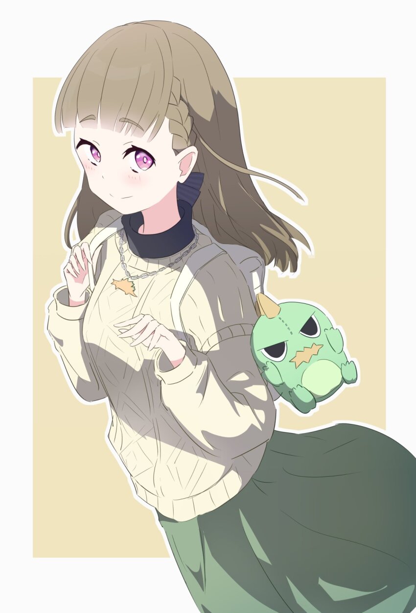 1girl, blush, border, braid, brown_background, brown_hair, center-flap_bangs, closed_mouth