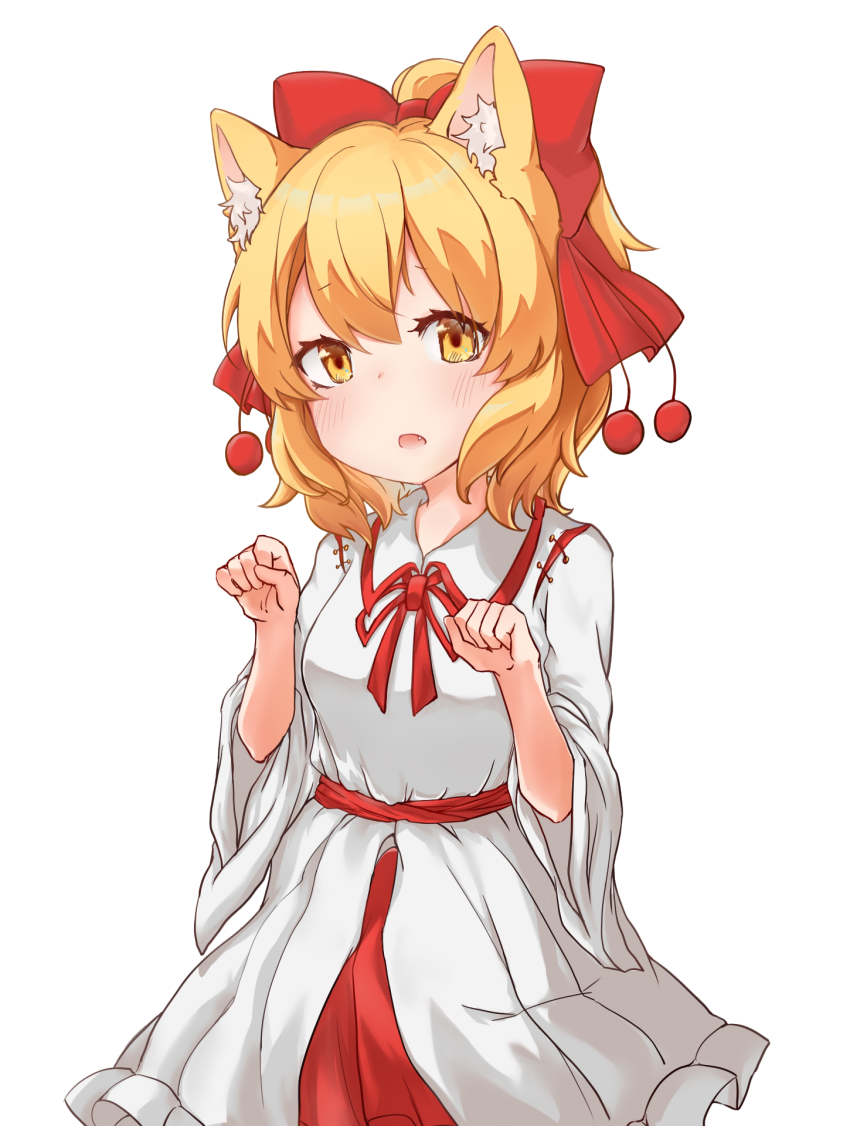1girl, animal_ear_fluff, animal_ears, blonde_hair, blush, bow, chinese_commentary, commentary_request, cowboy_shot, hair_bow, hands_up, highres, liangzi_baiyue_(skai), looking_at_viewer, neck_ribbon, open_mouth, paw_pose, red_bow, red_ribbon, ribbon, satsuki_rin, short_hair, simple_background, solo, touhou, white_background, wide_sleeves, yellow_eyes