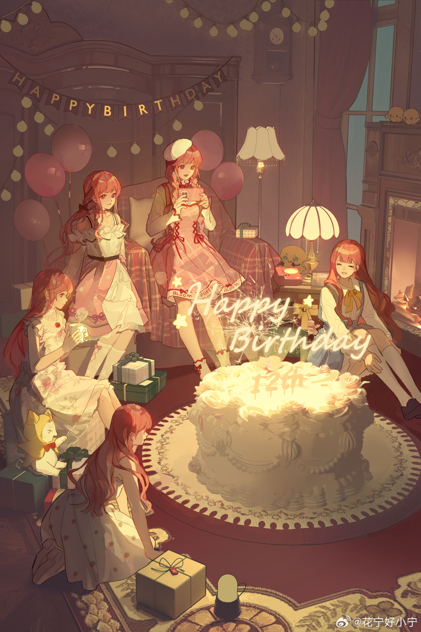 >_<, 5girls, ^_^, absurdres, animal, ankle_socks, argyle_clothes, argyle_dress, armchair, baby_animal, balloon, bare_arms, bare_shoulders, bead_necklace, beads, belt, beret, bird, birthday, birthday_cake, black_belt, black_footwear, blue_skirt, blue_sky, blunt_bangs, book, bow, bow_legwear, bowtie, bra_strap, braid, brown_bow, brown_eyes, cake, candle, capelet, cat, cellphone, chair, chick, chinese_commentary, clock, clone, closed_eyes, closed_mouth, clothed_animal, clothes_writing, collarbone, commentary_request, cross-laced_clothes, cross-laced_dress, cross-laced_footwear, cup, curtains, dark, day, dress, dress_ribbon, dress_shirt, drink, ear_covers, fireplace, floral_print, flower, flower_necklace, food, food_print, frilled_dress, frilled_shirt, frilled_shirt_collar, frilled_skirt, frills, fruit_print, gift, hair_bow, hair_over_shoulder, hands_on_own_legs, happy, happy_birthday, hat, high-waist_skirt, high_collar, high_heels, highres, holding, holding_cup, holding_drink, holding_phone, hood, hood_up, hooded_capelet, huaning_haoxiao_ning, indoors, infinity_nikki, jewelry, kneehighs, kneeling, knees_up, lamp, layered_skirt, living_room, loafers, long_dress, long_hair, long_sleeves, looking_at_food, looking_at_object, low_twintails, medium_dress, medium_skirt, miniskirt, miracle_nikki, momo_(nikki), mug, multiple_girls, necklace, nightstand, nikki_(nikki), nikki_(series), nikki_up2u, nikki_up2u2:_world_traveller, off-shoulder_shirt, off_shoulder, on_chair, oversized_food, oversized_object, parted_lips, phone, pillow, pinafore_dress, pink_bow, pink_dress, pink_hair, pink_skirt, plate, pleated_dress, puffy_long_sleeves, puffy_sleeves, pumps, red_bow, red_bowtie, red_flower, red_ribbon, red_rose, ribbon, rose, rose_print, shining_nikki, shirt, shoes, sidelocks, skirt, sky, sleeveless, sleeveless_dress, sleeveless_shirt, smartphone, smile, socks, star_(symbol), steam, strapless, strapless_dress, strawberry_print, suspender_skirt, suspenders, taking_picture, traditional_bowtie, twin_braids, twintails, very_long_hair, watermark, wavy_hair, weibo_watermark, white_cat, white_dress, white_footwear, white_hat, white_shirt, white_skirt, white_socks, window, yellow_bow, yellow_bowtie, yellow_capelet