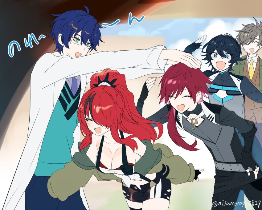 1girl, 4boys, :d, ^_^, axia_krone, black_gloves, black_hair, black_pants