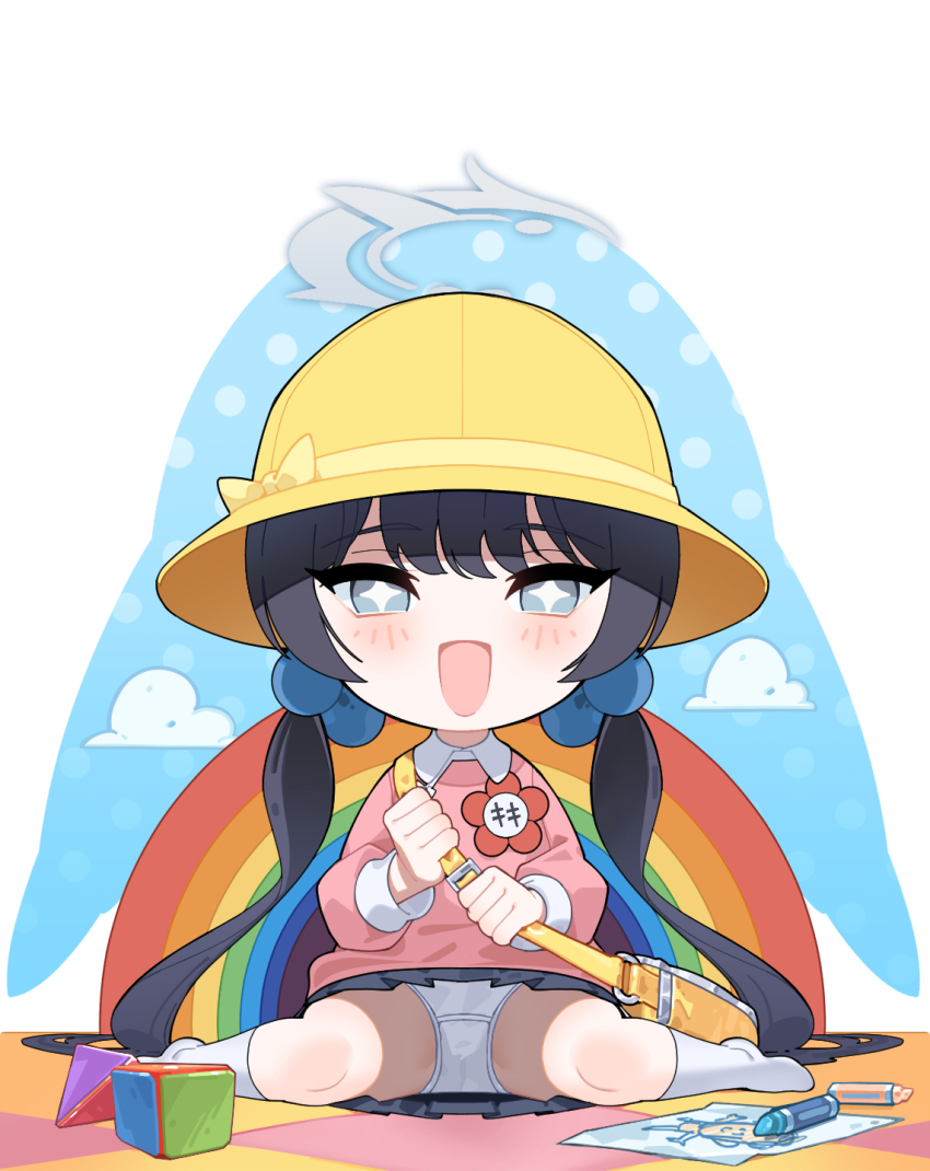 +_+, 1girl, :d, aged_down, atta_(atta_1129), bag, black_hair, black_skirt, blue_archive, blue_eyes, blush, bow, checkered_floor, child's_drawing, cloud_print, commentary, crayon, doodle_sensei_(blue_archive), dotted_background, grey_halo, hair_bobbles, hair_ornament, halo, happy, hat, hat_bow, highres, holding_strap, kindergarten_uniform, kisaki_(blue_archive), kisaki_(kindergarten_uniform)_(blue_archive), loli, long_hair, long_sleeves, looking_ahead, low_twintails, miniskirt, name_tag, official_alternate_costume, official_alternate_hairstyle, on_floor, open_mouth, panties, pantyshot, pink_shirt, pleated_skirt, rainbow, satchel, school_hat, sensei_(blue_archive), shirt, sitting, skirt, smile, socks, solo, toy, twintails, underwear, wariza, white_panties, white_socks, wing_collar, yellow_bag, yellow_hat