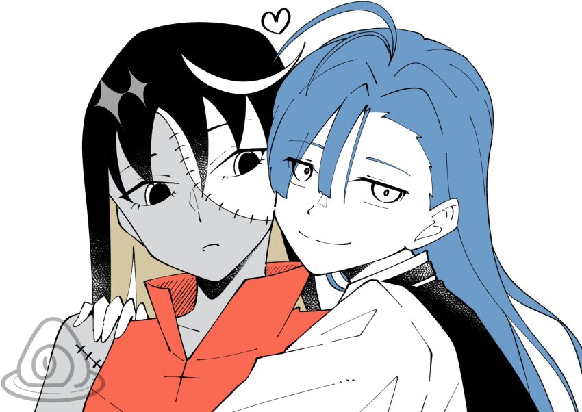 2girls, ado_(utaite), ahoge, black_hair, black_vest, blue_hair, closed_mouth, commentary