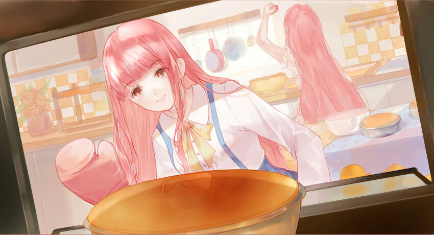 2girls, animal, arm_up, blue_skirt, blunt_bangs, bow, bowl, bowtie