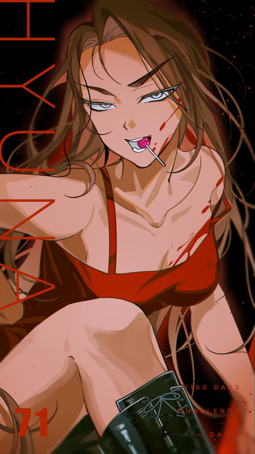 1girl, absurdres, alien_stage, alternate_costume, bare_shoulders, black_background, black_footwear, blood