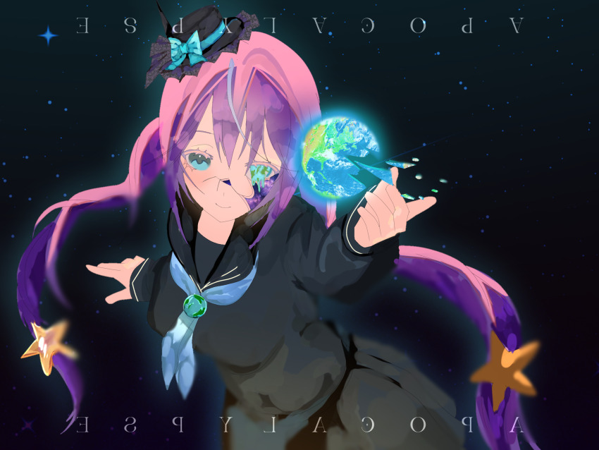 1girl, black_hat, black_shirt, black_skirt, bow, breasts, cleavage, crack_of_light