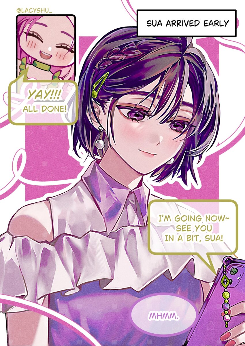 2girls, alien_stage, alternate_costume, artist_name, black_hair, cellphone, cellphone_charm, charm_(object), clothing_cutout, collared_dress, commentary, dress, earrings, english_commentary, english_text, frilled_dress, frills, hair_ornament, hairclip, highres, holding, holding_phone, jewelry, lacyshu, mizi_(alien_stage), multiple_girls, open_mouth, pearl_earrings, phone, pink_background, portrait, purple_dress, purple_eyes, red_nails, short_hair, shoulder_cutout, smartphone, smile, sua_(alien_stage)