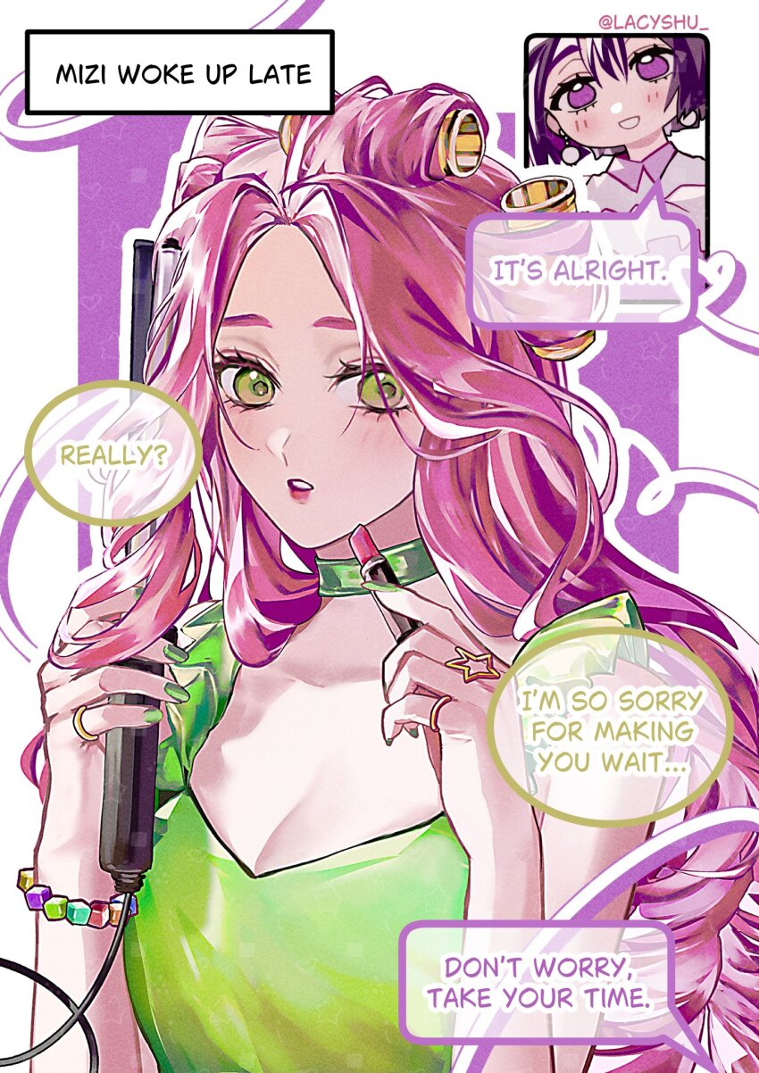 2girls, alien_stage, alternate_costume, applying_makeup, artist_name, bracelet, choker, commentary