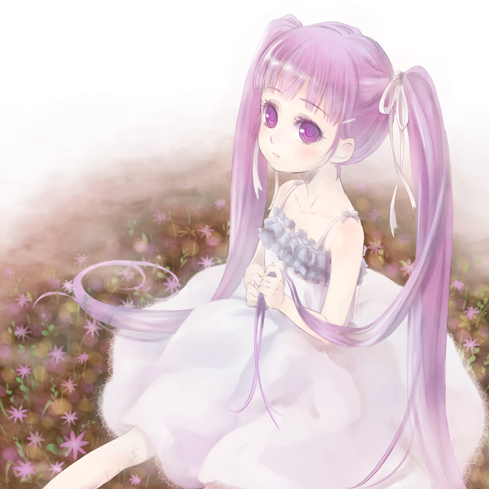 1girl, alternate_costume, bow, dress, female_focus, flower, grass, long_hair