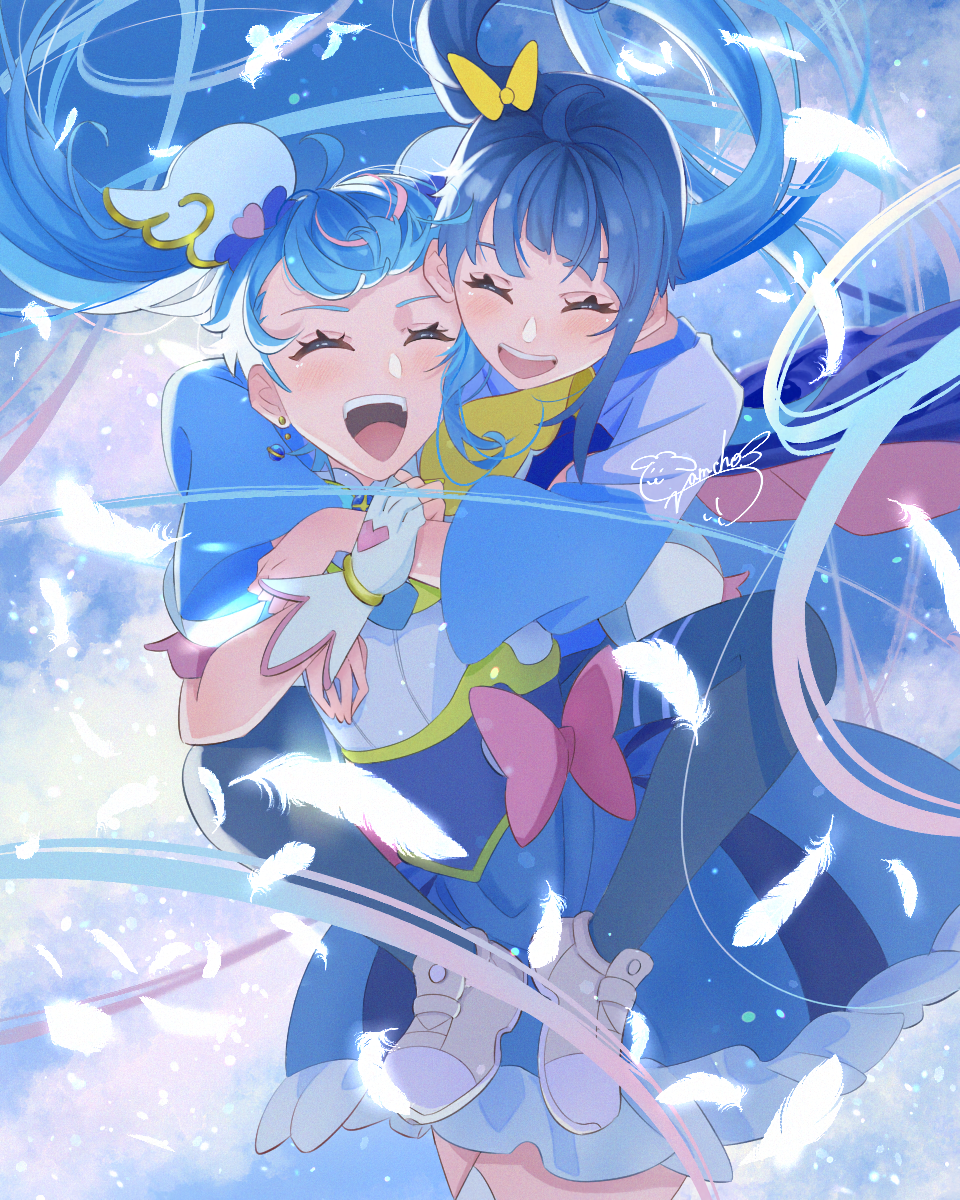 2girls, ahoge, blue_hair, blue_pants, blush, bow, brooch, closed_eyes