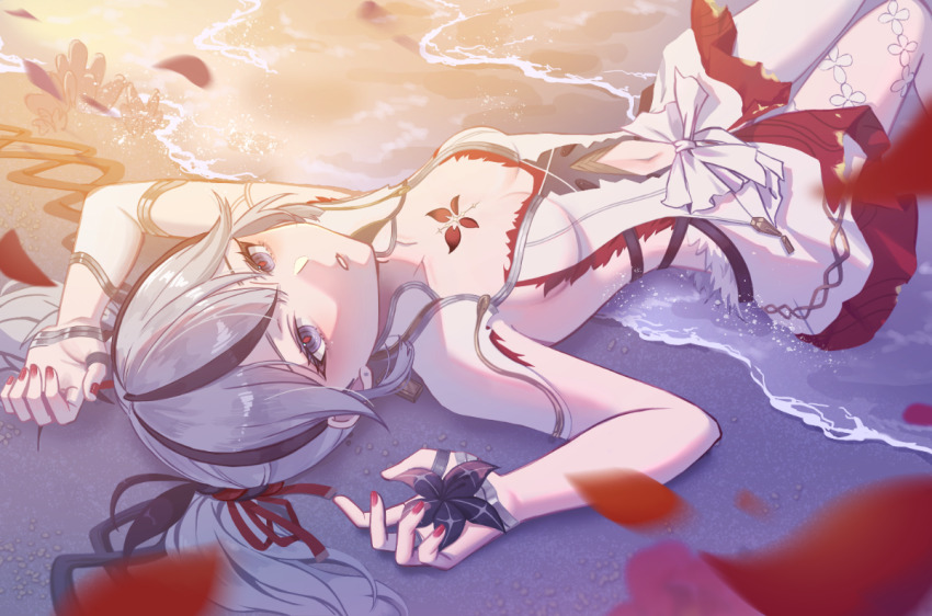 1girl, asymmetrical_clothes, black_eyes, black_flower, black_ribbon, blake_bloom_(wuthering_waves), breasts, camellya_(wuthering_waves)