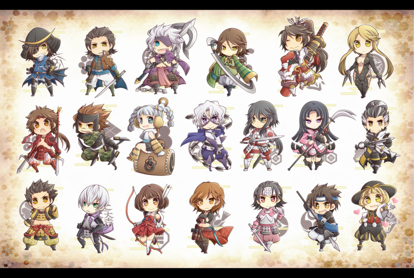 5girls, 6+boys, :d, amago_haruhisa_(sengoku_basara), aqua_eyes, armor, azai_nagamasa_(sengoku_basara), black_bodysuit