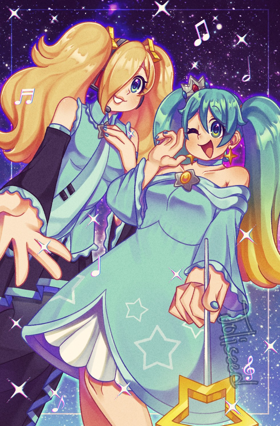 2girls, aqua_hair, bare_shoulders, blonde_hair, blue_eyes, cosplay, crossover, crown