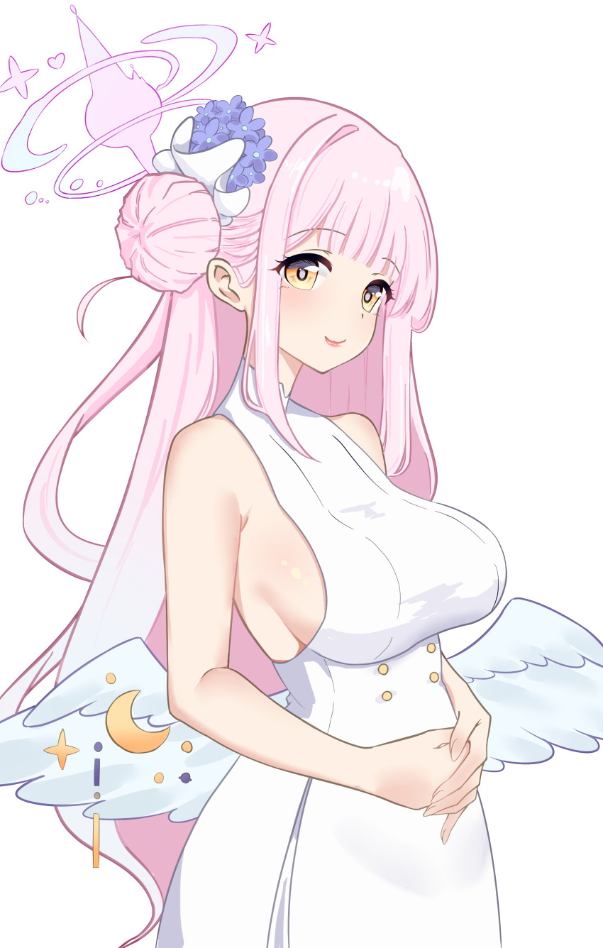 1girl, absurdres, ayuko_(mochiayuko), blue_archive, breasts, commentary_request, dress, feathered_wings