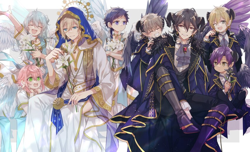 6+boys, :d, ;d, ^_^, absurdres, ahoge, angel, angel_and_devil