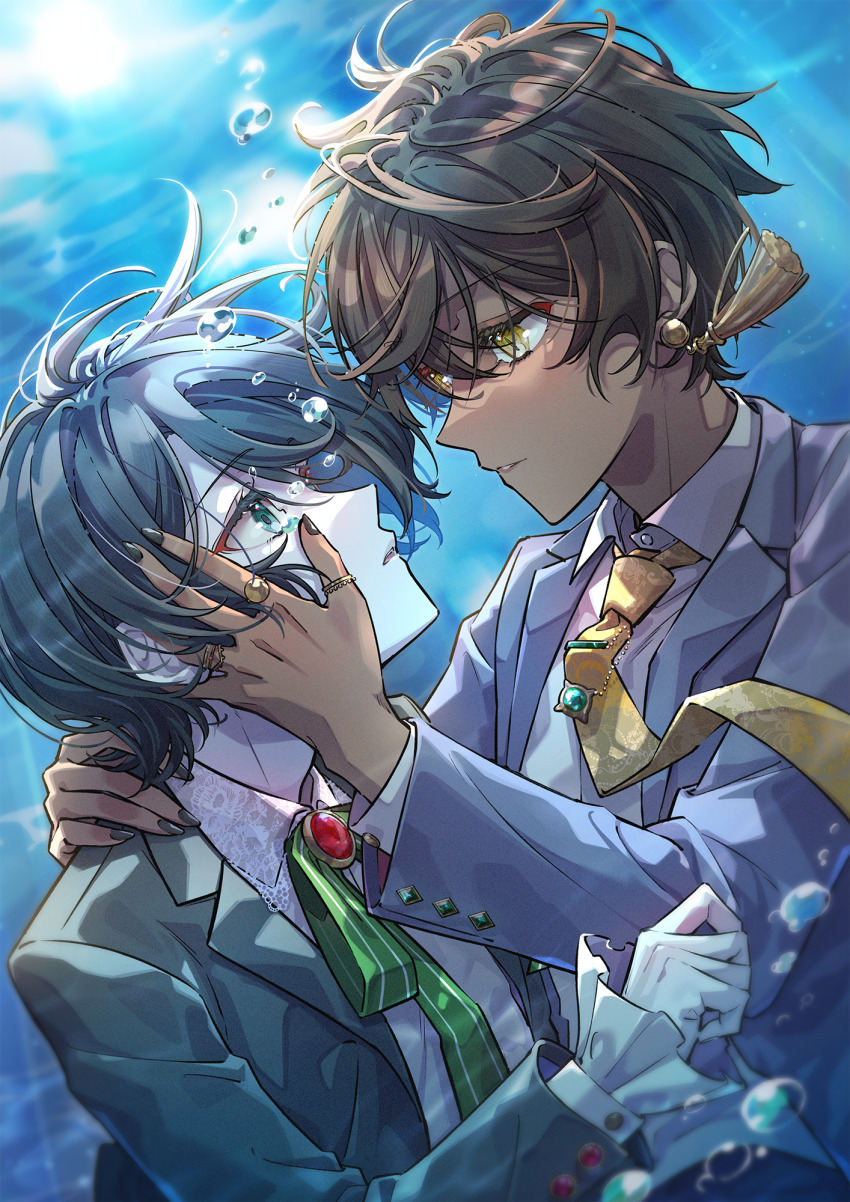 2boys, air_bubble, bartimaeus, bartimaeus_(series), black_hair, blue_eyes, blunt_bangs, bubble