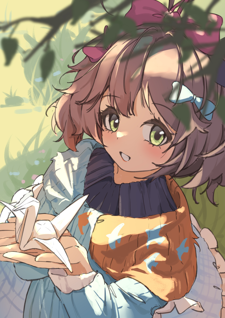 1girl, absurdres, blue_bow, blue_dress, blue_scarf, blurry, blurry_foreground, bow