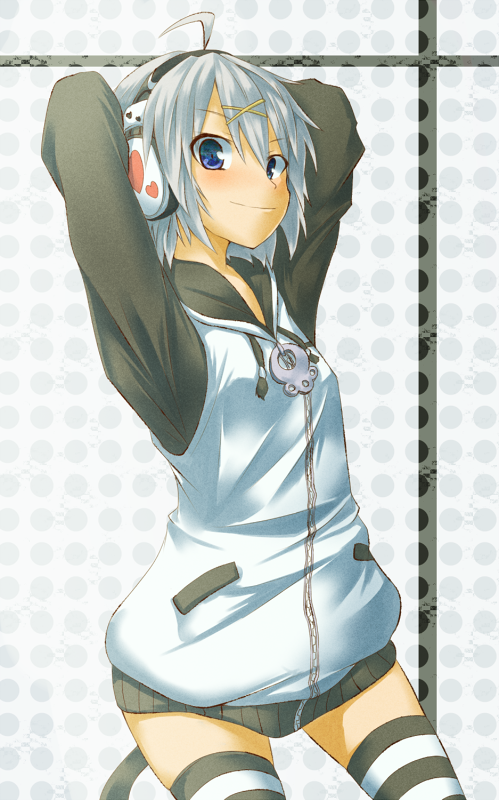 1girl, ahoge, arms_behind_head, blue_eyes, borrowed_character, bottomless, female_focus, headphones