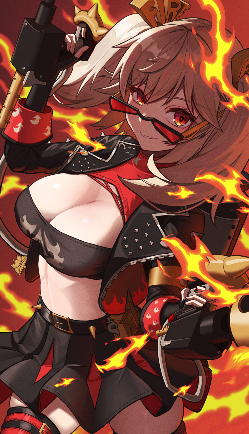 1girl, absurdres, belt, black_belt, black_skirt, black_thighhighs, blonde_hair, breasts