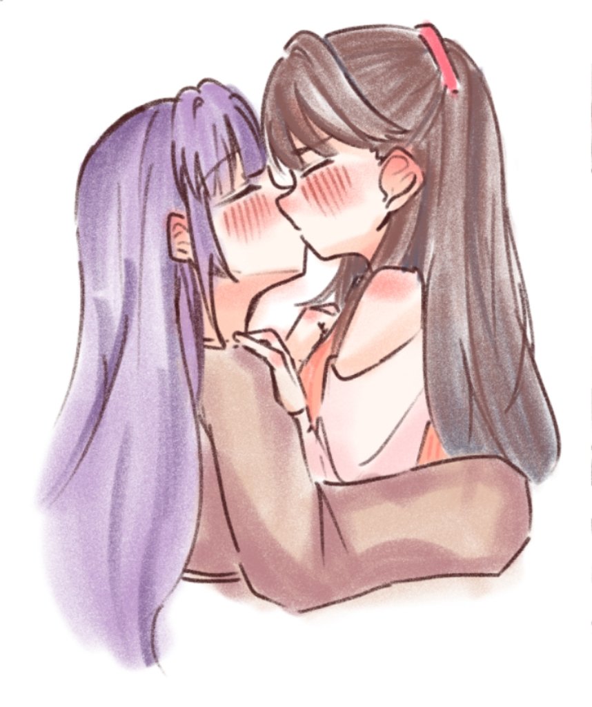 2girls, blush, brown_dress, brown_hair, clothing_cutout, commentary, dress, fujishima_megumi