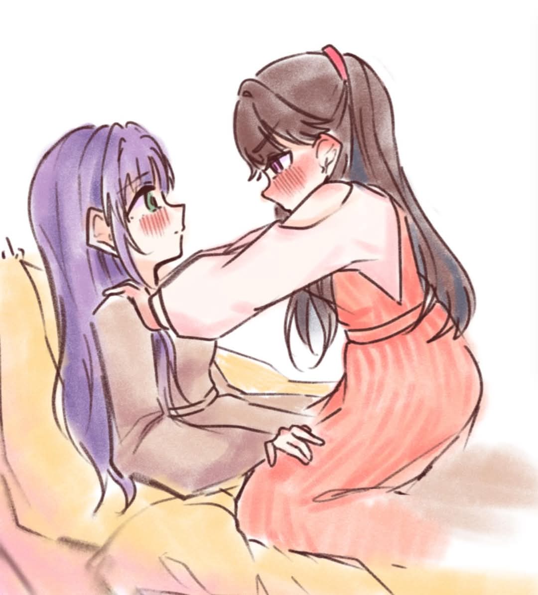 2girls, blush, breasts, brown_dress, brown_hair, closed_mouth, clothing_cutout, commentary