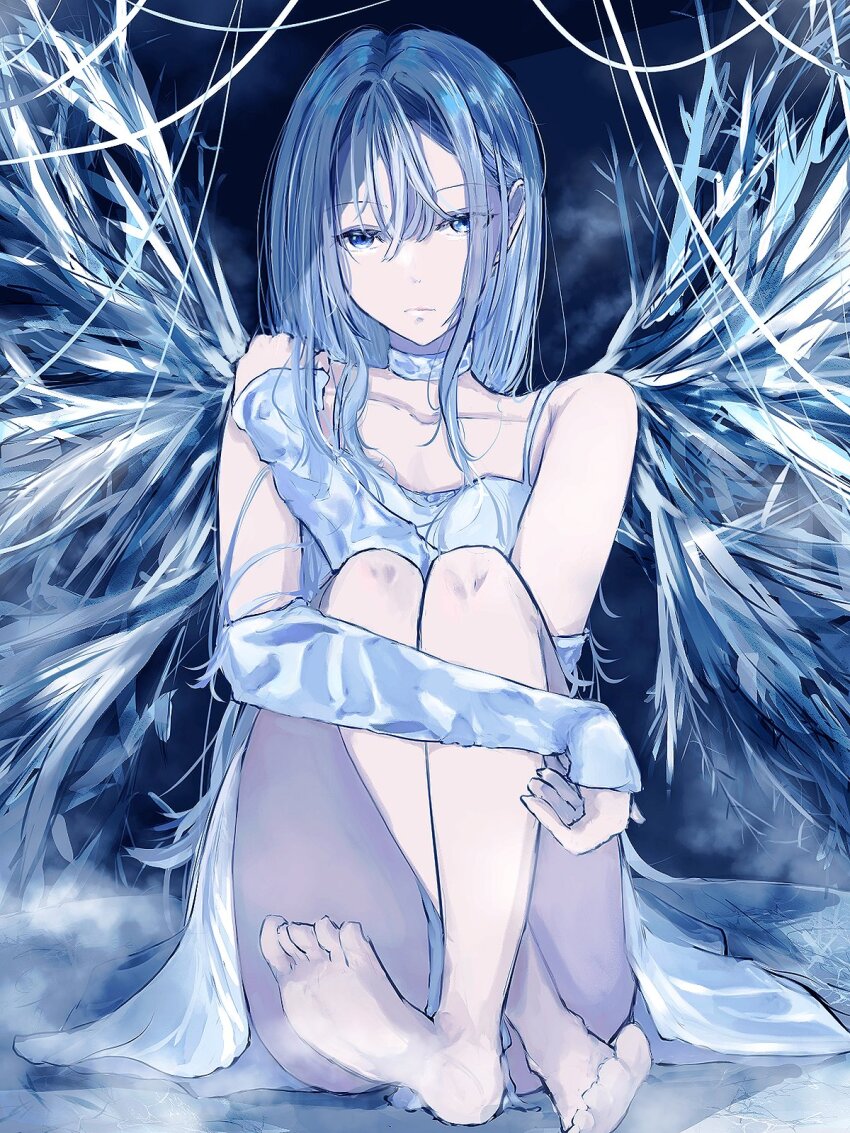 1girl, ado_(utaite), barefoot, blue_eyes, blue_hair, choker, commentary, detached_sleeves