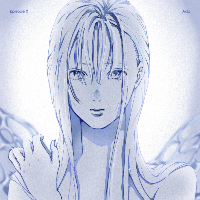 1girl, absurdres, ado_(utaite), album_cover, blue_theme, cover, doctor-x, film_grain, highres, long_hair, looking_at_viewer, nina_o0o0, official_art, sidelocks, solo, upper_body, wings