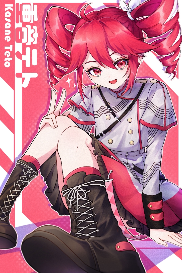 1girl, ahoge, black_footwear, boots, bow, character_name, drill_hair, grey_skirt