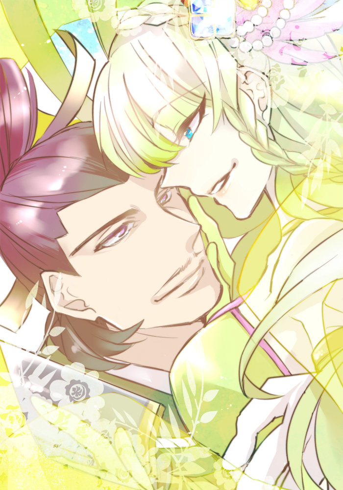 1boy, 1girl, aqua_eyes, arm_around_another's_back, ashikaga_yoshiteru_(sengoku_basara), blonde_hair, braid, couple